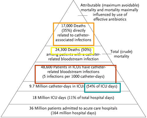 Estimación (según Wenzel) del número de bacteriemias relacionadas con catéter y la mortalidad cruda y relacionada, en las UCI de USA